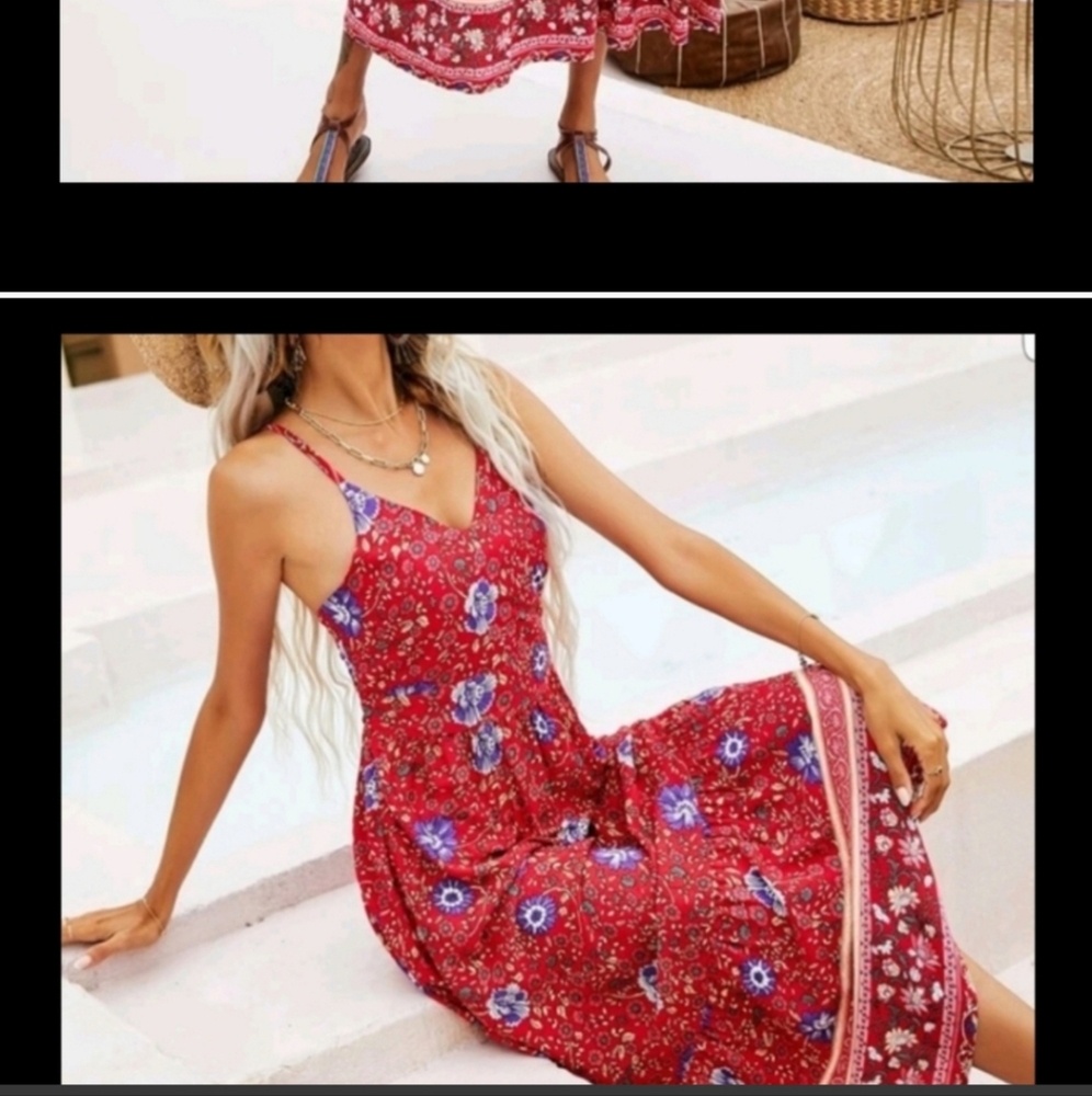 extraClearance  Floral Red Maxi Dress100% Cotton
